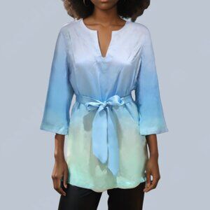 NEW Badgley Mischka Women Mulberry Silk Aqua Washable Ombre Tunic Pull Over Tie